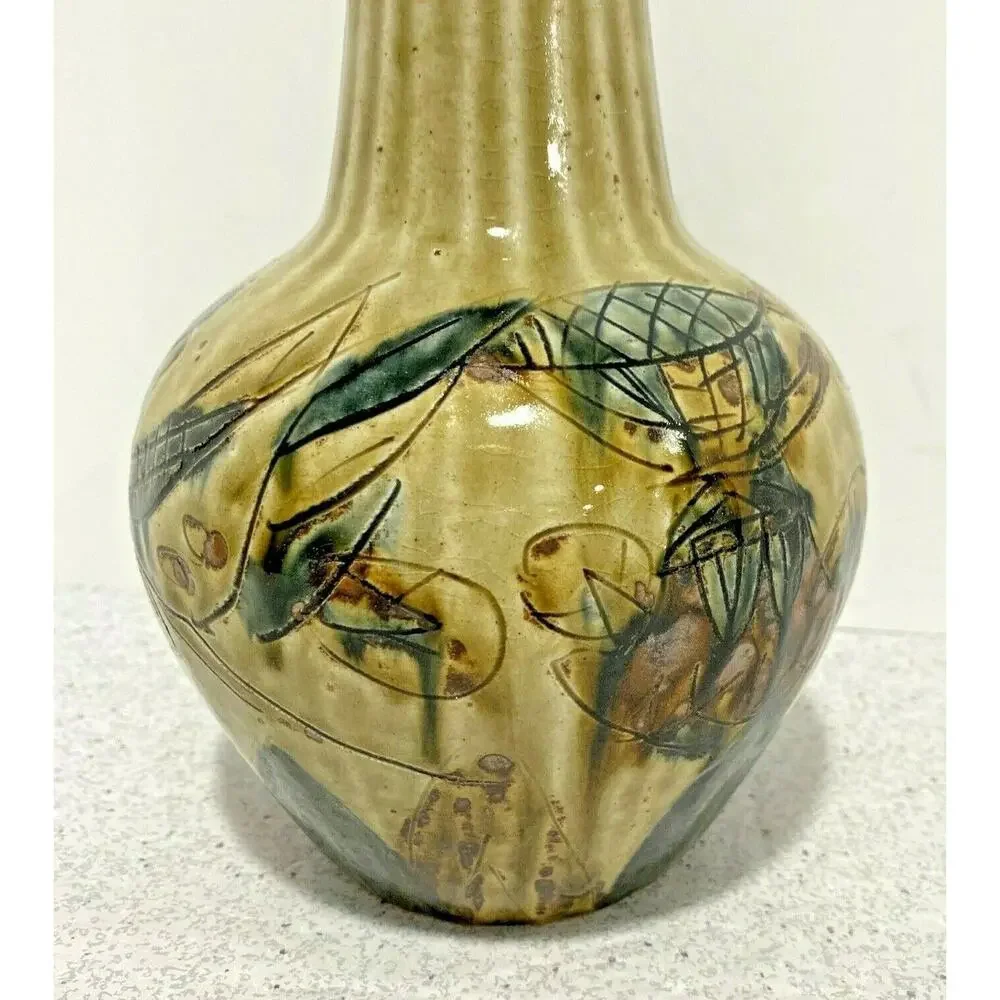 Vintage Mid Century Art Pottery Vase Drip Glaze Incised Brutalist Okinawa Japan
